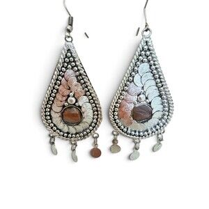 Vintage Boho Tribal Teardrop Coin Dangle Earrings Brown Cabochon Silver Tone De